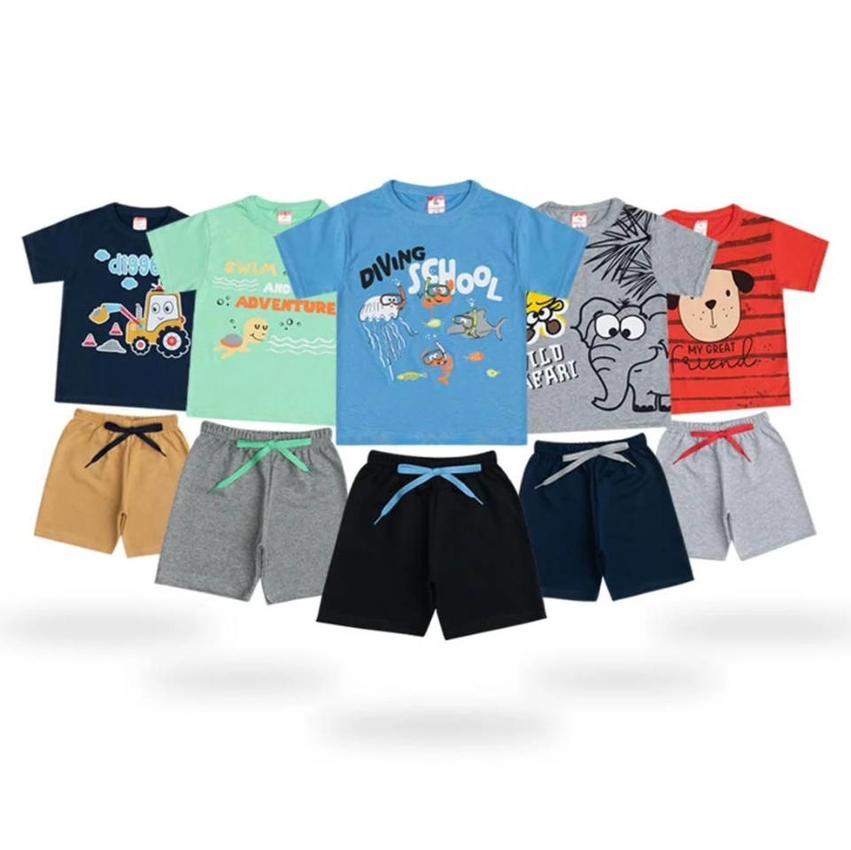 Kit 10 PEÇAS Conjuntos Roupa Masculina Infantil 5 Camisas e 5 Bermudas Roupa Menino - Azul